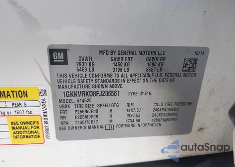 2015 GMC Acadia Slt-1 from USA, damaged, VIN 1GKKVRKD8FJ206561